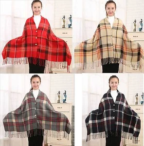 Mujeres Poncho Estola Capa Encogerse de hombros Chal Chaqueta Jersey Bufanda Cuadros Tartán Retro - Imagen 1 de 23