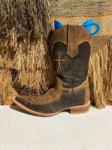 Botas de rodeo vaquero occidental de cuero marrón bordado cruzado REYME para hombre talla 10 - Imagen 1 de 8