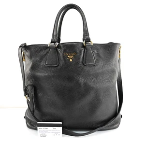 Auth PRADA Logos 2Way Leather Hand Bag Shoulder Bag Black P4166RS704 - Picture 1 of 24