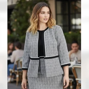 Chaqueta de tweed Kasper para mujer con ribete en tubo delantero abierto talla 8 negra blanca $139 nueva con etiquetas - Imagen 1 de 9