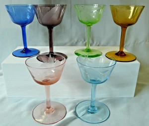 Vintage Set of 6 Colored Etched Glass Cordial Stems - Picture 1 of 4