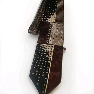 Gravata de seda masculina vintage Pierre Balmain, design geométrico marrom/preto/castanho - Imagem 1 de 4
