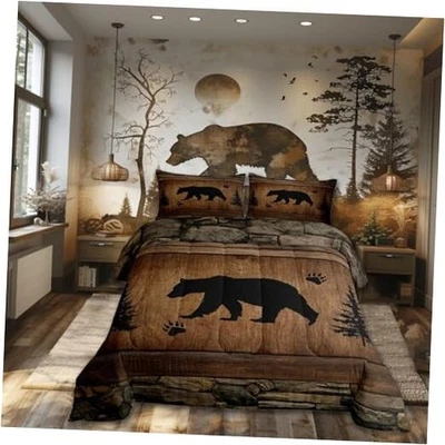  Juego de edredón de oso rústico tamaño, tema de caza de vida silvestre reina oso rústico marrón Foto 1 de 4