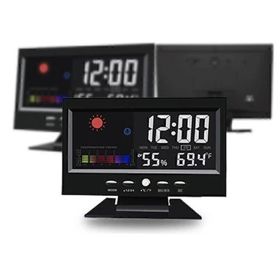 Indoor Outdoor Temperature Humidity Meter Sound Control Clock Weather Station - Image 1 of 4