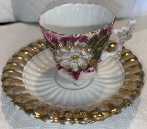 Antique German Teacup and Saucer Lusterware Pink and Gold Flower Raised - Picture 1 of 4
