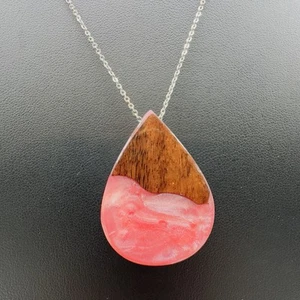 Artisan Made Wood & Pink Resin Teardrop Pendant Sterling Silver 925 Necklace 20” - Picture 1 of 9