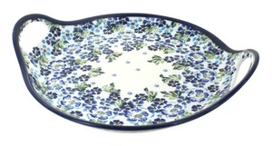 Vassoio da portata rotondo viola vintage ceramica lucida rosa blu con manici - Foto 1 di 1