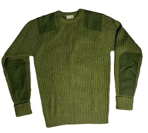 LL Bean Sweater Men’s M Commando Merino Lambs Wool Green Military Elbow Patch - Picture 1 of 7