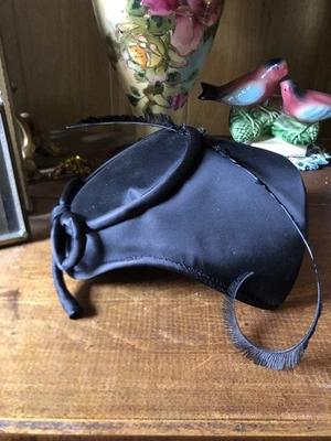 Vintage Antique 1930’s Black Satin & Smart Curly Feather tag  THE RHODES HAT - Image 1 of 4