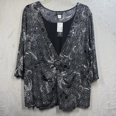 Top Maggie Barnes para mujer 3X negro blanco estampado aspecto en capas manga 3/4 oficina Foto 1 de 4