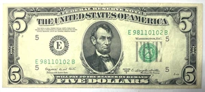 SERIES 1950 C $5 FED RESERVE NOTE RICHMOND  GREEN SEAL NOTE NICE CIRC E98110102B - Picture 1 of 2