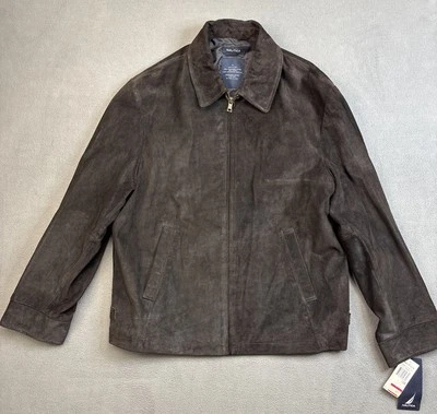 Nuevo Con Etiquetas - Chaqueta de Cuero Gamuza Suave Grande Nautica Para Hombre Marrón Cremallera Completa Foto 1 de 4