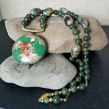 Antique Green Nephrite Jade and Cloisonne Bead Mushroom Pendant Necklace 22"