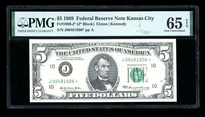 DBR 1969 $5 FRN Kansas City STAR Gem Fr. 1969-J* PMG 65 EPQ Serial J00481006* - Image 1 of 2