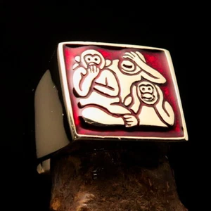 MENS BRASS THREE MONKEYS BIKER PINKY RING SEE HEAR SPEAK NO EVIL RED SIZE 5 - Picture 1 of 7