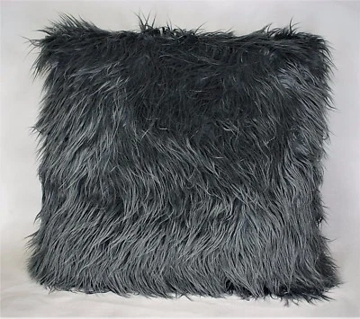 faux fur black grey Mongolian sheepskin animal skin pillow for sofa couch  - Image 1 of 3