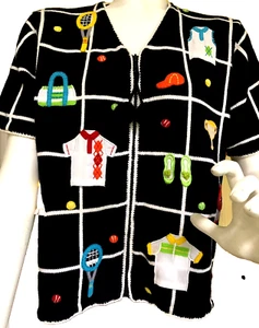 Marisa Christina Tennis Sweater Cardigan Large Knit Embroidered Navy Blue Vtg - Picture 1 of 12