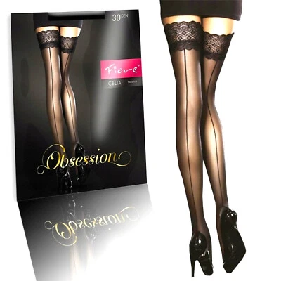 Calze Autoreggenti Velate Nere con Riga Dietro e Balza in Pizzo Siliconata 4/L - Immagine 1 di 4