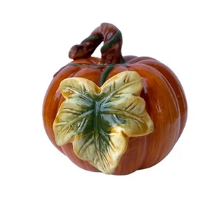 Ceramic PumpkinTraditional Fall Decor With Yellow Green Flower and Green Vine - Picture 1 of 5
