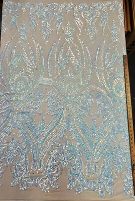 Iridescent Blue/Nude "Hourglass Design" Stretch Nylon Spandex Mesh Sequin Fabric - Image 1 of 4