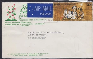 1970 Australia 30c James Cook Air Mail Interflora Postal Cover QLD - SWITZERLAND - Picture 1 of 3