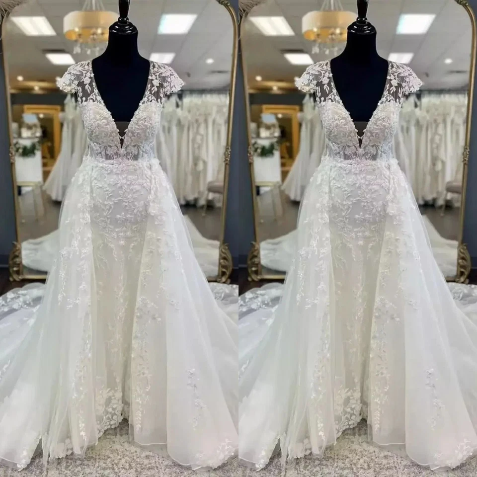 Boho Mermaid Wedding Dresses V-Neck Detachable Train Lace Appliques Bridal Gowns - Image 1 of 4