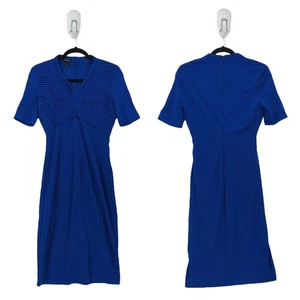 Escada Women GER 34 US 4 Dress Azure Blue Midi Bodycon V Neck Pleated - Picture 1 of 9