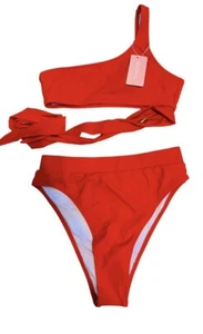BYOAUO Damen One Shoulder High Waist Bikini Tie High Cut Zweiteiler Badeanzug - Bild 1 von 5