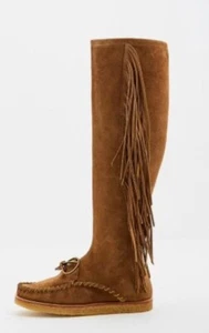 Polo Ralph Lauren Channing Fringe Suede Leather Moccasin Boots Tan uk 6 eu 39 - Picture 1 of 8