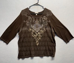Dressbarn 3X Brown Tunic With Intricate Baroque Pattern & 3/4 Sleeves - Picture 1 of 9