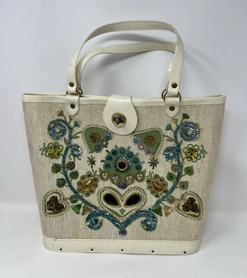 Vintage 1960`s "Jewel Tone" Label Canvas Tote Purse Handbag Summer Bag Whimsical - Image 1 of 4