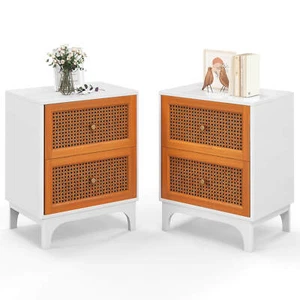 2PCS Rattan Nightstand with 2 Handwoven Rattan Decorated Drawers Solid Wood Legs - Picture 1 of 8