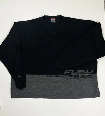 Vintage Y2K Vneck FUBU Sweater Gray Black Patch EUC Vtg Split XL Pullover Africa - Image 1 of 4