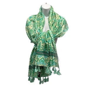 Lulus Ikat Scarf Wrap Tassels Thin Cotton Boho Coastal Beachy Teal Green NWT - Picture 1 of 8