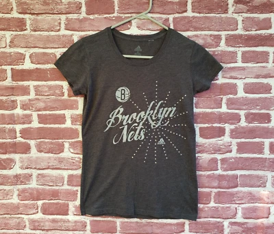 🔥 Brooklyn Nets Basketball Adidas Faux Sparkle Jewels Gray Shirt Women's Small - Image 1 of 4