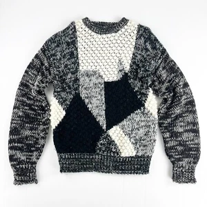 Vintage Sears Roebuck Hand Knit Acrylic Gray Black Geometric Sweater Top Mens L - Picture 1 of 4