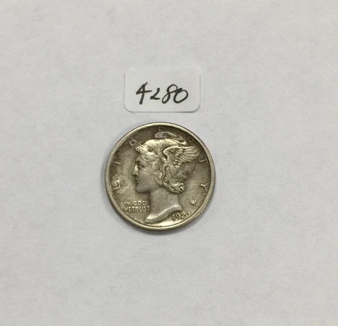 Error 1920 Mercury 10C (#4280) XF. Coin Has Two Unusual Die Breaks. Obv Cover