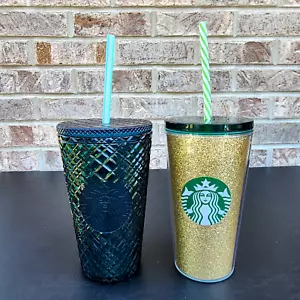 Lotto di 2 tumbler Starbucks 16 once verde metallizzato borchie e glitter dorato - Foto 1 di 7