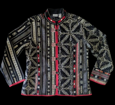 Chicos Black Red Gold Metallic Embroidered Asian Artsy Jacket Blazer Sz 2 Large - Image 1 of 4