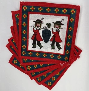 Vintage 1960s Kolf Austria Folk Art Fabric Coaster Set – 6 pcs Red Dutch, Farm - Picture 1 of 9