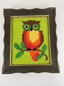 Vintage Needlepoint Owl 8 1/8 W X 10" H (Unframed) 10 1/8" W X12.25" H (Framed) - Picture 1 of 10