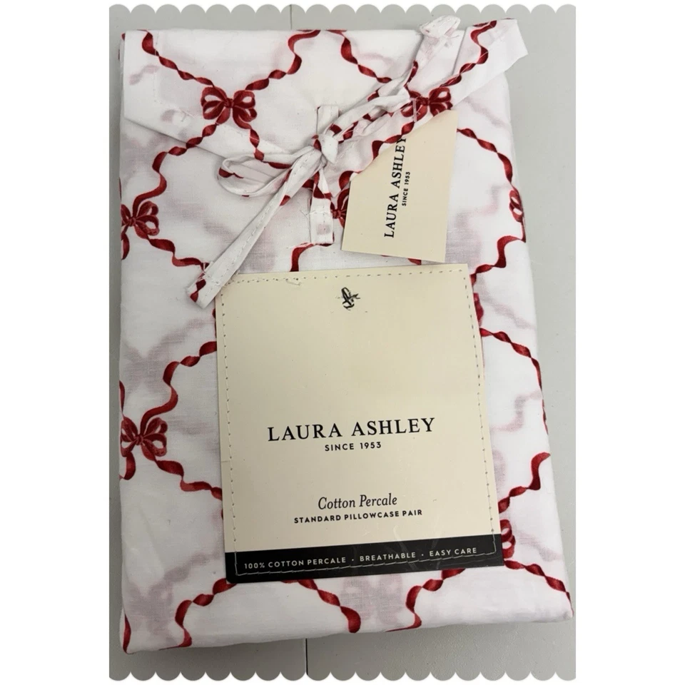 Laura Ashley 拖尾蝴蝶结红色 2 件套棉质 Percale 标准枕套 全新 — 第 1/1 张图片