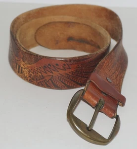 Vintage LA TITAN LEATHERS Patina Tan Leather Stamp-Embossed Belt 36" *HEAVY WEAR - Picture 1 of 16