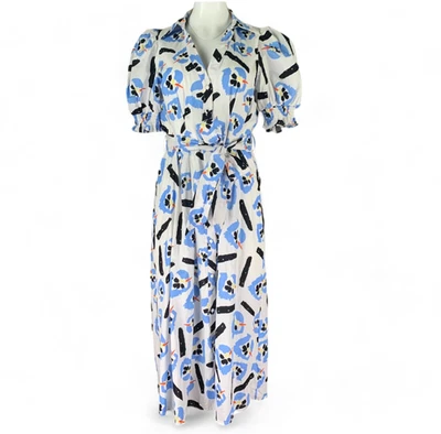 Milk & Honey Dress Floral Abstract Blue Midi Button Front Puff Sleeve Tie Belt M - Image 1 of 4
