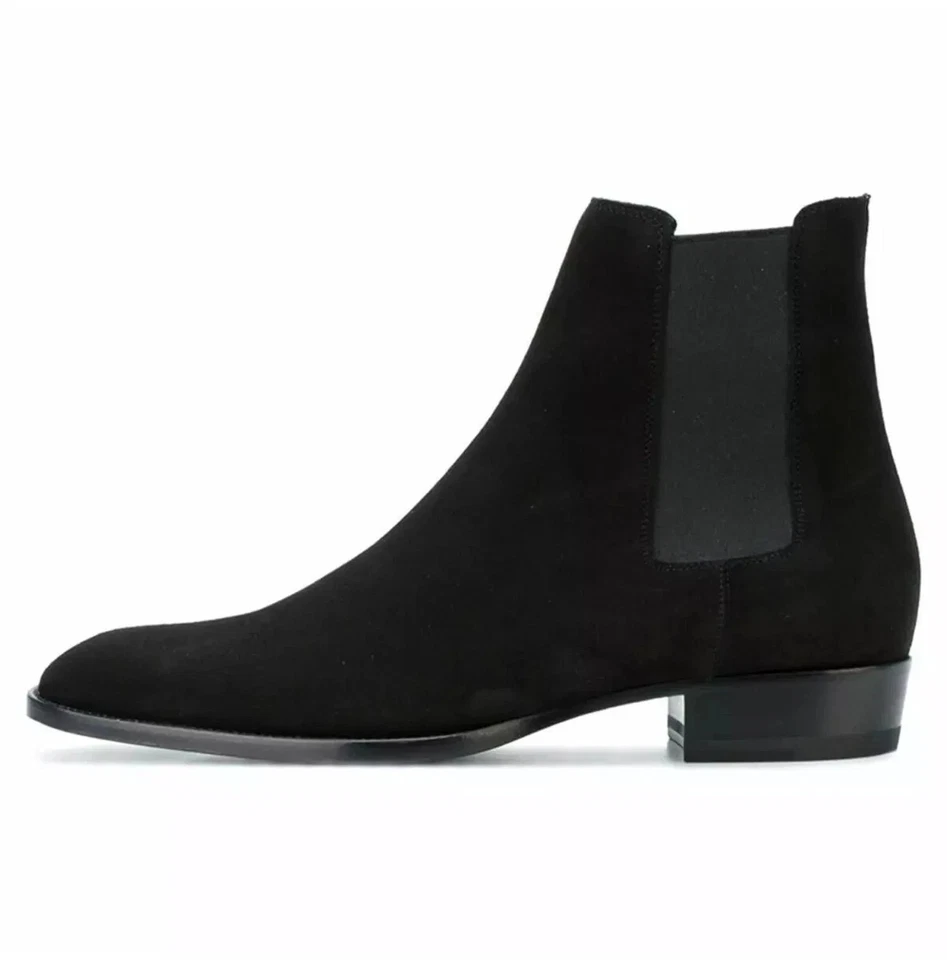 Botas formales hechas a mano negras de gamuza Chelsea de cuero de oficina para hombre Foto 1 de 4