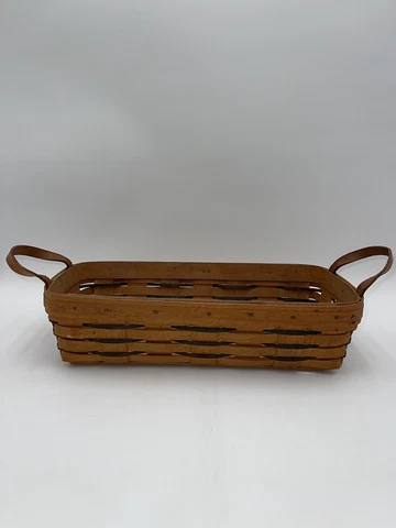 Longaberger 1995 Basket with Black Stripes 2 Leather Handles 11x5x3 Cover