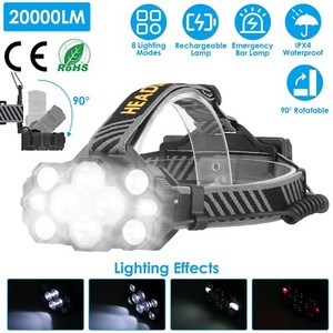 8 Mode LED Headlamp Headlight Torch Work Light Bar Head Band Lamp 20000Lumen