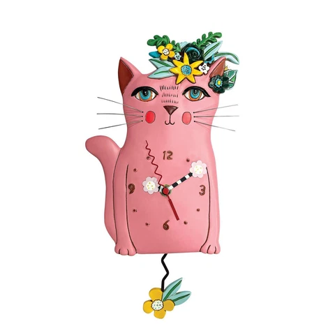@ New ALLEN DESIGNS WALL CLOCK Swing Pendulum PINK KITTY CAT KITTEN FLOWER Decor Cover