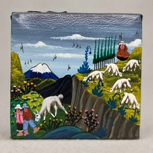 Miniature Folk Art Painting on Sheepskin, Unsigned, Tigua Ecuador, 2.87" x 2.87" - Picture 1 of 8