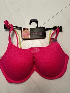 NWT No Boundaries Bra Size 36DD All Over Lace Push Up Pink Neon Yellow Racerback - Picture 1 of 10